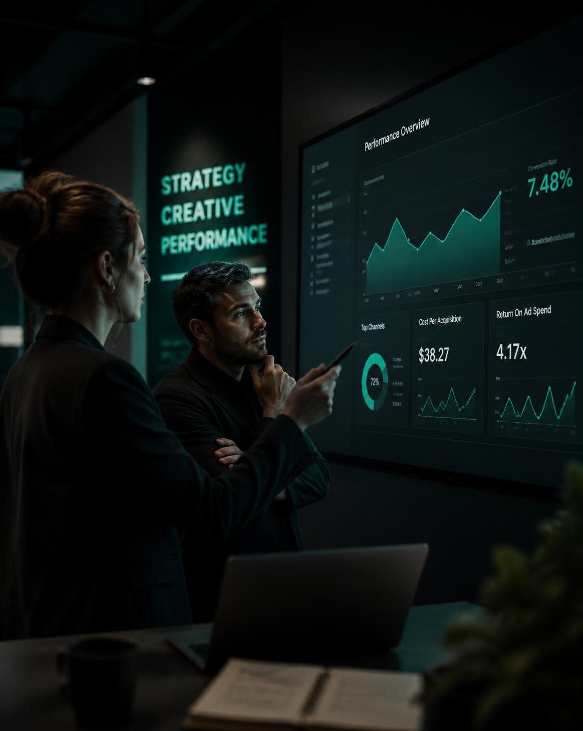 PulsMind team analysing campaign metrics on a large screen